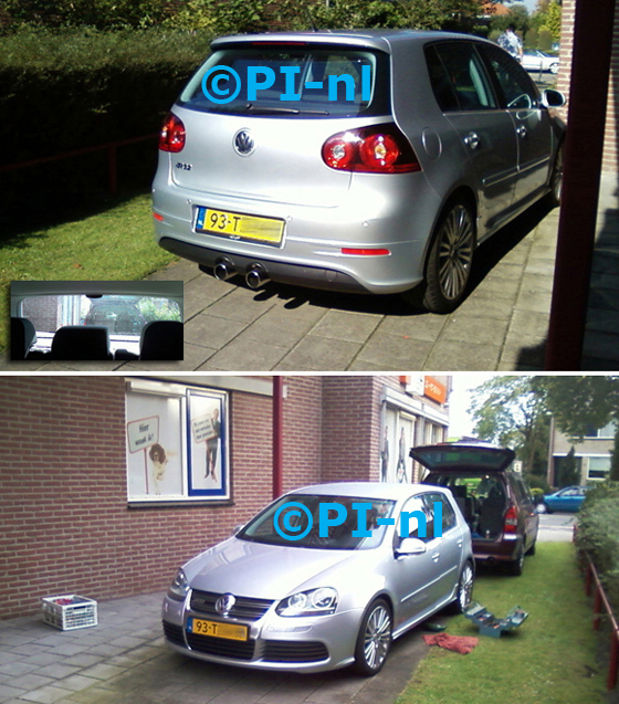 Volkswagen Golf (5) R32 uit 2007. De display voor de achtersensoren (set A 2011) werd bij de achterruit tegen de hemelbekleding geplaatst, de display voor de voorsensoren (idem) werd linksvoor bij de a-stijl geplaatst.