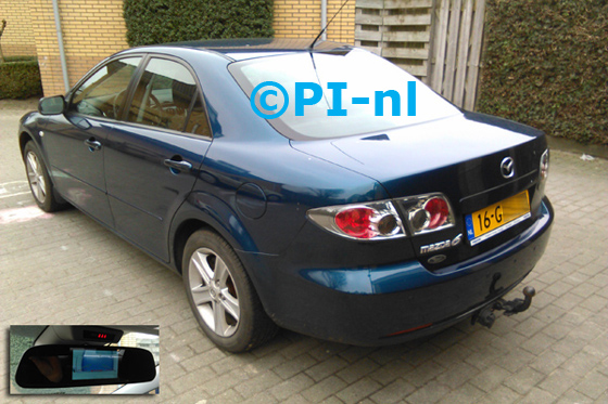 Parkeersensoren ingebouwd door PI-nl in een Mazda 6 1.8 Touring uit 2008. De spiegeldisplay (set D 2015) is van de set met camera en sensoren.