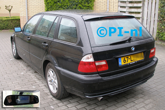 Parkeersensoren ingebouwd door PI-nl in een BMW 3-serie Touring uit 2003. De spiegeldisplay (set D 2015) is van de set met camera en sensoren.