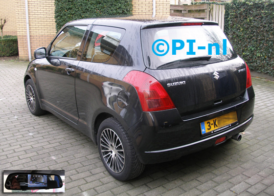 Parkeersensoren ingebouwd door PI-nl in een Suzuki Swift uit 2007. De spiegeldisplay (set D 2015) is van de set met camera en sensoren.