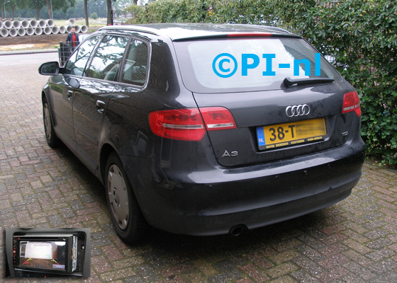 Parkeersensoren ingebouwd door PI-nl in een Audi A3 Sportback met canbus uit 2012. Het beeld (set D 2017) is van de set met camera en sensoren en werd aangesloten op een eigen scherm.