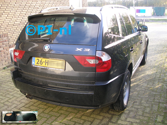 Parkeersensoren ingebouwd door PI-nl in een BMW X3 met canbus uit 2005. De spiegeldisplay (set D 2017) is van de set met camera en sensoren.