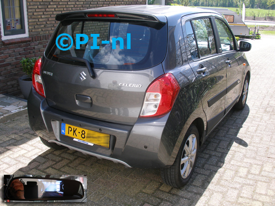 Parkeersensoren (set D 2018) ingebouwd door PI-nl in een Suzuki Celerio uit 2017. De spiegeldisplay is van de set met bumpercamera en sensoren.