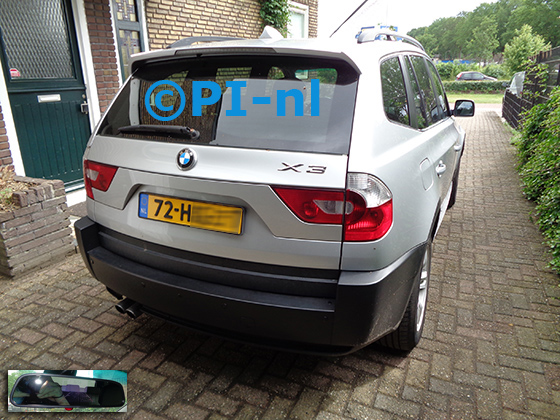Parkeersensoren (set D 2021) ingebouwd door PI-nl in een BMW X3 met canbus uit 2005. De spiegeldisplay is van de set met bumpercamera en sensoren.