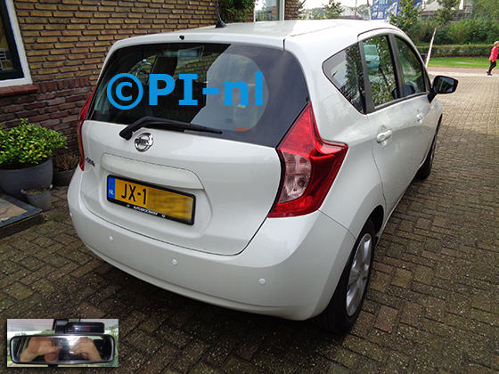 Parkeersensoren (set A 2021) ingebouwd door PI-nl in een Nissan Note Acenta uit 2016. De display werd op de binnenspiegel gemonteerd. Er werden standaard witte sensoren gemonteerd.