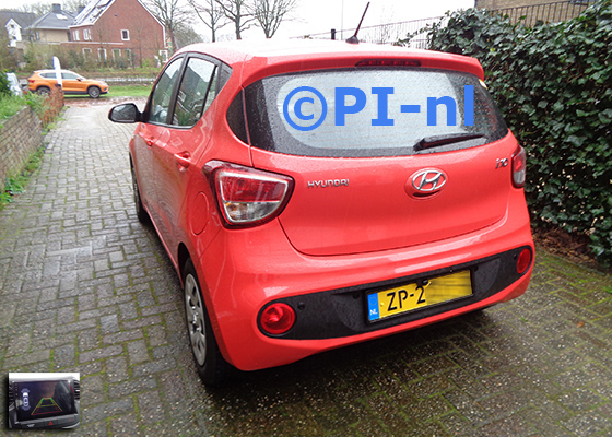 Parkeersensoren (set F 2023) ingebouwd door PI-nl in een Hyundai i10 uit 2019. Het beeld van de kentekenplaatcamera en sensoren werd aangesloten aan een eigen scherm.