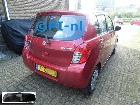 Parkeersensoren (set F 2024) ingebouwd door PI-nl in een Suzuki Celerio uit 2016. De spiegeldisplay is van de set met kentekenplaatcamera en sensoren.