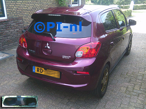 Parkeersensoren (set F 2025) ingebouwd door PI-nl in een Mitsubishi SpaceStar uit 2017. De spiegeldisplay is van de set met kentekenplaatcamera en sensoren.