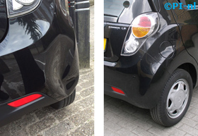 PI-nl heeft de bumper uitgedeukt ('uitdeuken zonder spuiten') bij een Chevrolet Spark 2009. 